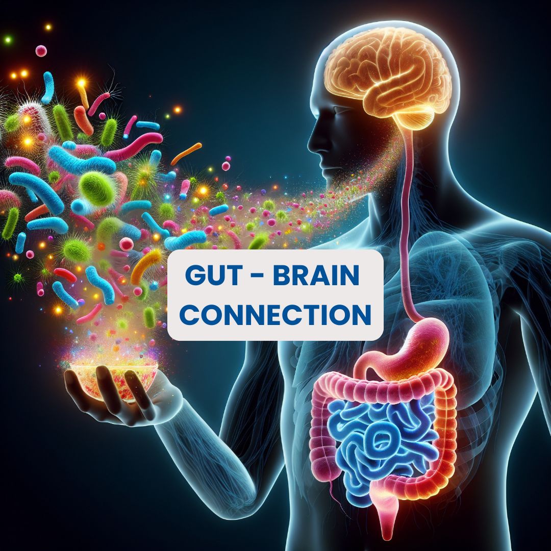 Shows human with bacteria flowing through mouth and showing glowing connection between gut and brain