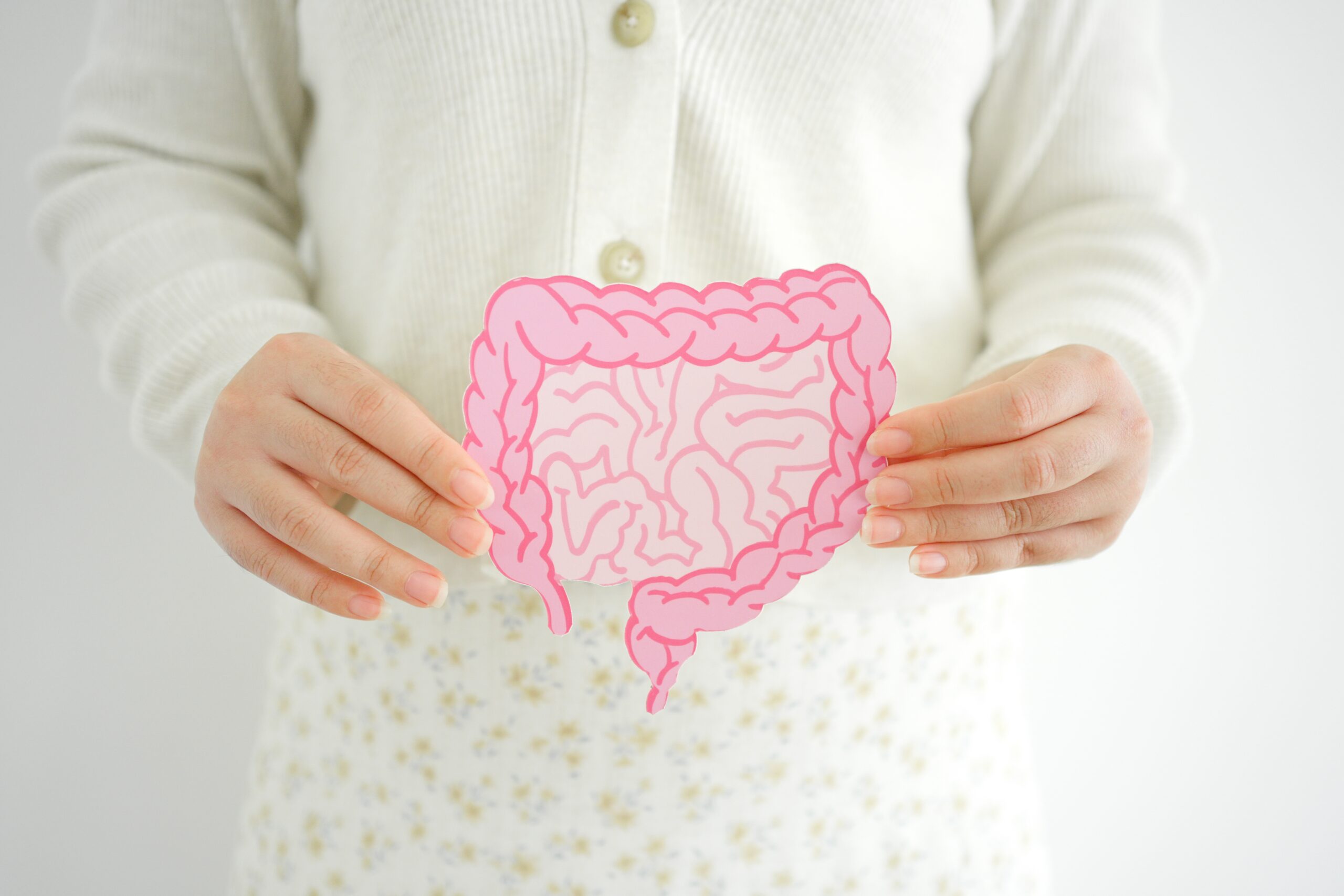 Person holding image of GI tract in front of body